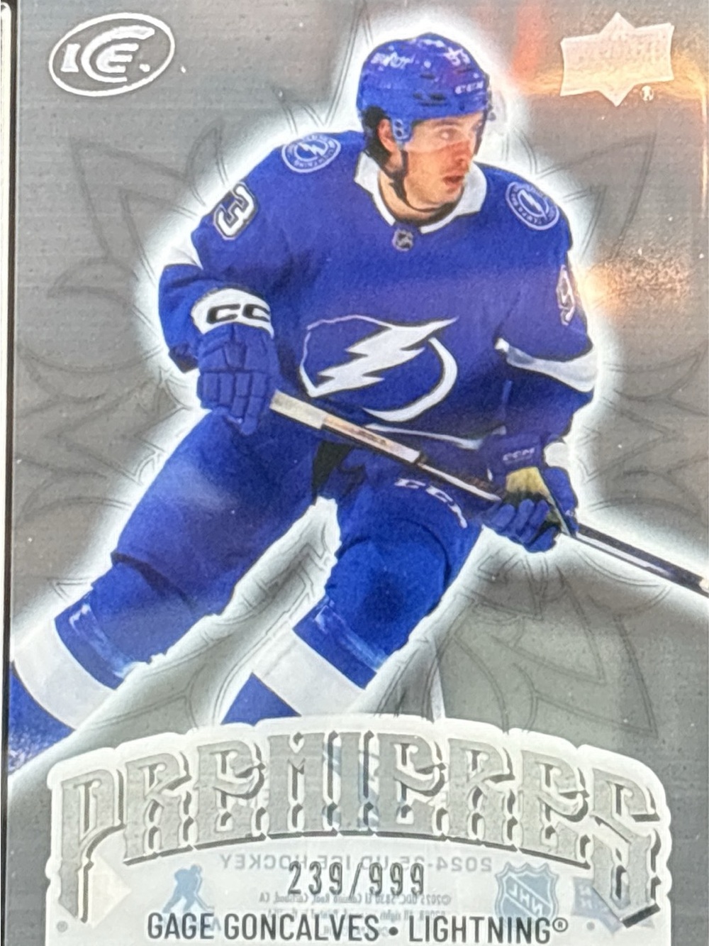 Upper Deck Premieres Rookie Hockey Trading Card - Gage Goncalves LE 239/999